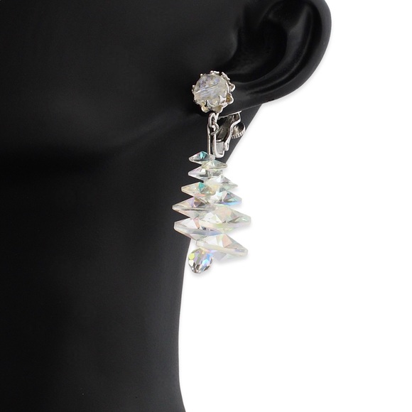 Vintage Vendome Aurora Borealis Crystal Clip On Earrings Iridescent Bead Dangle - Picture 5 of 5